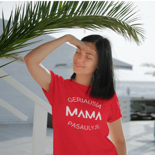 Marškinėliai moterims su užrašu Geriausia mama pasaulyje, raudoni