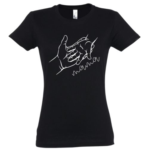 Marškinėliai moterims: Mamos ir vaiko ranka, juodi