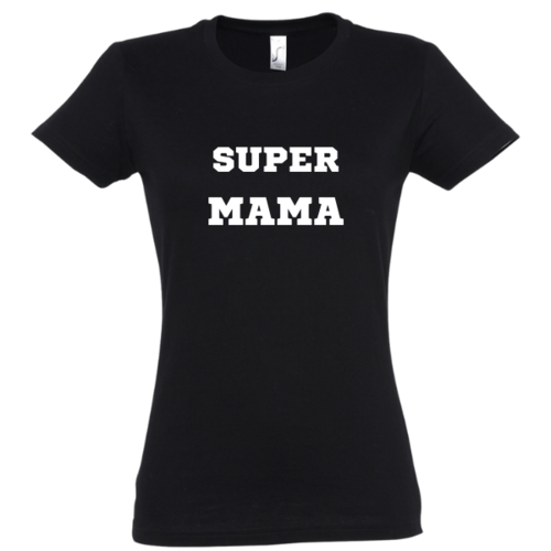 Marškinėliai moterims su užrašu: Super mama, juodi