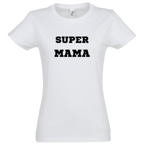 Marškinėliai moterims su užrašu: Super mama, balti