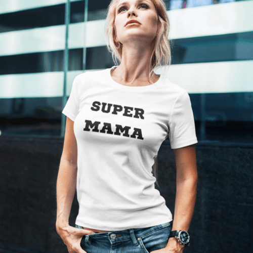 Marškinėliai moterims su užrašu: Super mama, balti