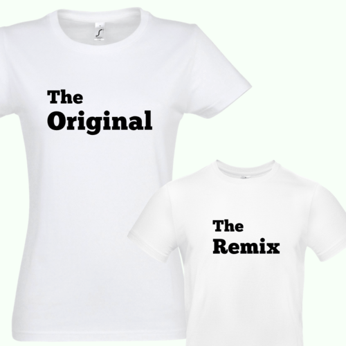 Marškinėlių komplektas mamai ir vaikui " The Original ir The remix  " balti