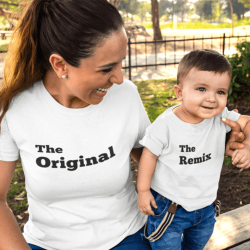 Marškinėlių komplektas mamai ir vaikui " The Original ir The remix  " balti