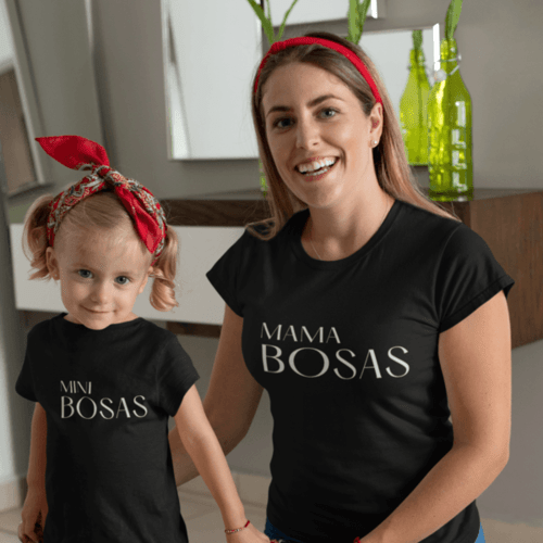 Marškinėlių komplektas mamai ir vaikui " Mama bosas ir Mini bosas  " juodi
