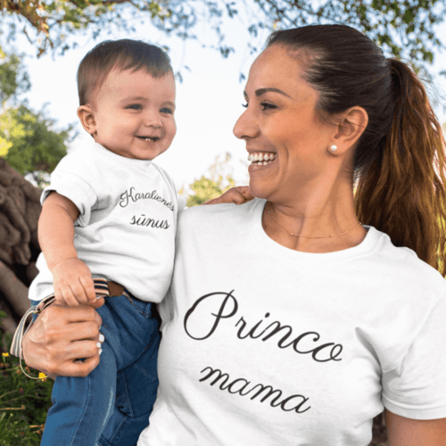 Marškinėlių komplektas mamai ir vaikui " Karalienės sūnus ir princo mama " balti