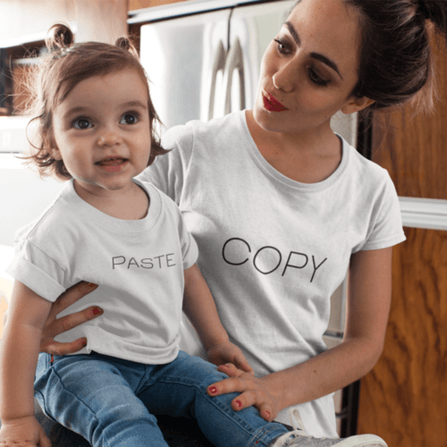 Marškinėlių komplektas mamai ir vaikui " Copy ir paste " balti