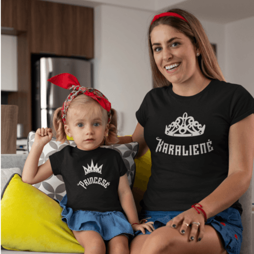 Marškinėlių komplektas mamai ir vaikui " Karalienė ir princesė su karūnomis " juodi