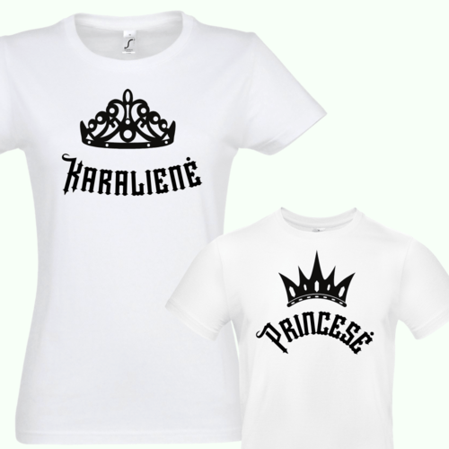 Marškinėlių komplektas mamai ir vaikui " Karalienė ir Princesė  " balti