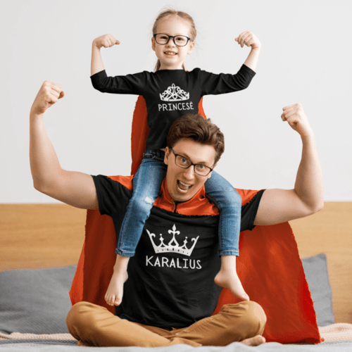 Marškinėlių komplektas tėčiui ir vaikui - Karalius ir princesė, juodi