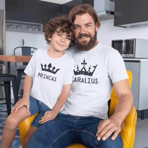 Marškinėlių komplektas tėčiui ir vaikui - Karalius ir princas, balti