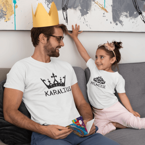 Marškinėlių komplektas tėčiui ir vaikui - Karalius ir princesė, balti