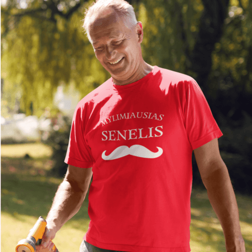 Marškinėliai vyrams su užrašu - mylimiausias senelis su ūsais, raudoni