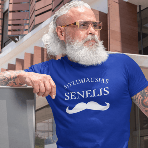 Marškinėliai vyrams su užrašu - mylimiausias senelis su ūsais, mėlyni