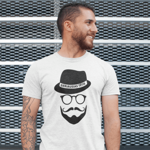 Marškinėliai vyrams su užrašu - Geriausias tėtis su skrybele ir barzda, balti