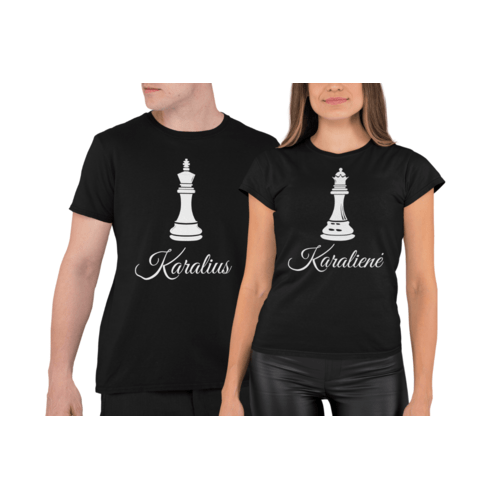 Marškinėliai poroms su užrašais karalius ir karalienė su šachmatais