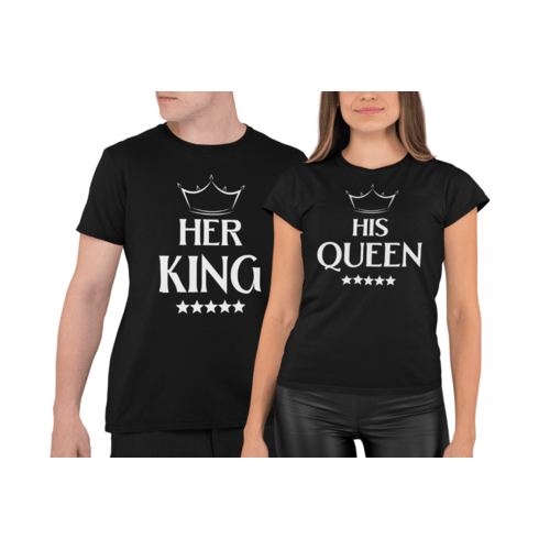 Marškinėliai poroms su užrašu His queen ir Her king