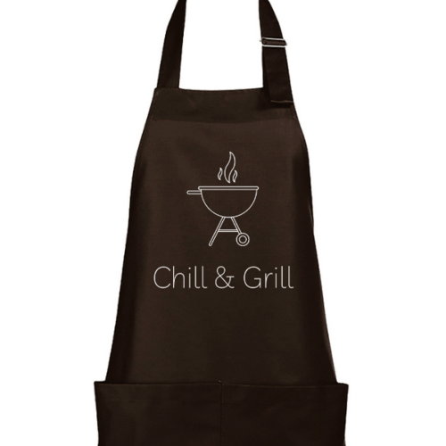 Prijuostė su užrašu: Chill & Grill   , ruda